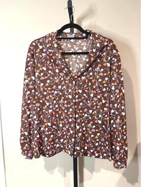 70s Graff Brown Long Sleeve Button-Up Blouse with Floral Print